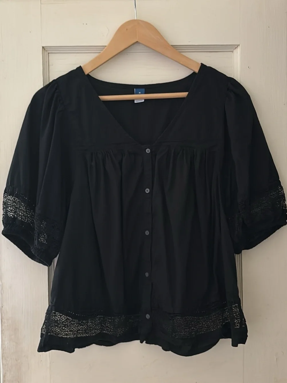 Romantic Black Button-Down Women’s Top with Crochet Trim, Puff Sleeve Blouse